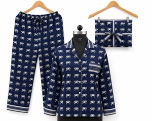 Artisan Elephant Print Crepe Silk Night Suit Women Long Pajama Set Traditional Hand Block Masterpiece Sleepwear Loungewear Set - Product Image 1