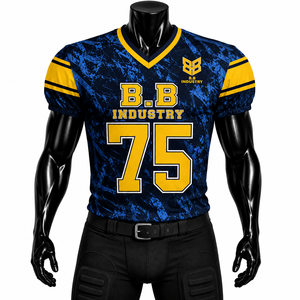 Maillot de football américain personnalisé bleu et jaune, sublimation, broderie, anti-humidité, col en V, 100 % polyester, avec empiècements en sergé, coupe basse - Product Image 5