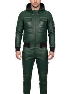 Men's Green Hooded Leather Moto <b>Jacket</b> with Snap Pockets and Zip Closure Regular Fit Winter Style - Product Image 3