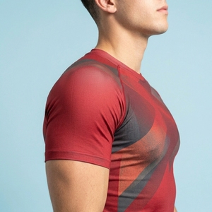 Men's Red Geometric Pattern Compression T-Shirt Short Sleeve Quick Dry Sporty Fit Athletic Performance Top - Product Image 6