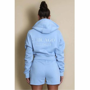 Conjunto de Sudadera con Capucha y Pantalones Cortos de Forro Polar Azul Claro para Mujer, Estilo Casual Holgado de Dos Piezas, Color Sólido, Ropa de Otoño - Product Image 4