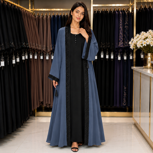 Luxury Two Tone Open Front Abaya | Taupe <b>Grey</b> Outer Robe with Black Inner Dress | Premium Nida Fabric Dubai Style Abaya - Product Image 4