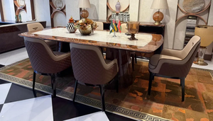 Juego de Comedor Moderno Italiano de Madera de Teca Sólida, Mesa de Mármol de Alto Brillo, 7 Piezas, Sillas de Cuero Sintético de Lujo, Muebles de Comedor para Hotel - Product Image 4