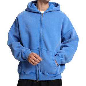 Sudadera con capucha y cremallera completa para hombre, azul claro, con lavado ácido, de felpa de algodón de alto gramaje, estilo urbano, personalizable, lisa, con efecto goteo, oversize - Product Image 3