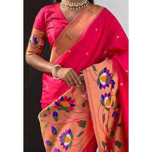 Pink Paithani Silk Saree with Half-Half Concept Big Border Zari Woven Traditional <b>Scarf</b> & <b>Shawl</b> - Product Image 3