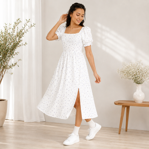 Robe midi florale blanche premium pour femme, col carré, manches bouffantes, décontractée et élégante pour l'été, en coton non extensible, rayée, taille haute - Product Image 3