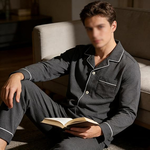 <b>Men</b> Long Sleeve <b>Pajama</b> <b>Set</b> Solid Color Knitted Cotton Sleepwear With Pockets Autumn Casual Wear - Product Image 3