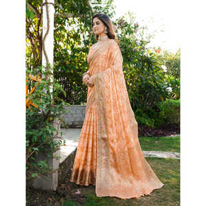 Robe de soirée en organza pêche tissé Zari Patola Elite Weaves 600g en stock - Product Image 3