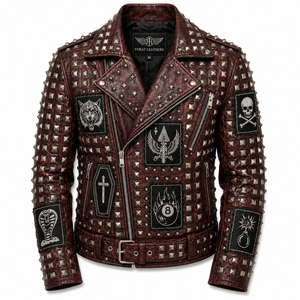FURAT LEATHERS OEM Nylon/Cotton Leather <b>Jacket</b> Custom <b>Punk</b> Skull Embroidery Red Studs Breathable Fabric Stand Collar Zipper Men - Product Image 1