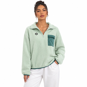 Women's Quarter Zip Polar Fleece Sweatshirt Stand Collar Oversized Chest Pocket Contrast Trim Streetwear Hoodies Custom Logo - Product Image 1