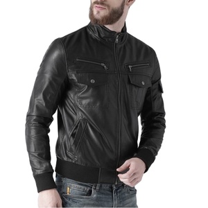 Mens Black Faux Leather Eco-Friendly <b>Vintage</b> <b>Bomber</b> <b>Jacket</b> Stand Collar Ribbed Cuffs Multi Pocket Zip Front Casual Motorcycle - Product Image 4