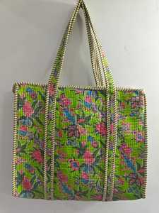 Motif Print Quilted Kantha Cotton Tote <b>Bag</b> with Contrast Handles Reusable Shopping Travel Shoulder <b>Bag</b> - Product Image 2