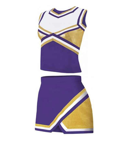 Ensemble d'uniforme de cheerleading en polyester imprimé or blanc violet pour adulte, deux pièces : crop top et jupe, design color block - Product Image 1