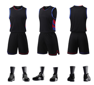 Ensemble de maillot de basket-ball unisexe, noir, rouge, bleu, couleur contrastée, débardeur sans manches, short, respirant, anti-transpiration, polyester - Product Image 1
