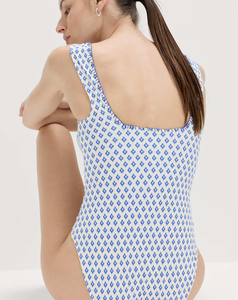 Best Quality Womens One-Piece Swimsuit Blue Geometric Print <b>Square</b> <b>Neck</b> Sleeveless Stretch Quick Dry Summer <b>Bodysuit</b> Cheap Price - Product Image 3