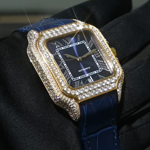 VVS Moissanite Diamond Gold Color Bezel Mechanical Watch Japanese Miyota Automatic Movement Genuine Leather Straps Luxury Watch