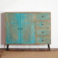 Buffet en bois turquoise avec portes sculptées, meuble de rangement pour salon, chambre ou couloir