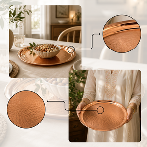 Plateau de service en cuivre martelé, rond, 14 pouces |   Thali en cuivre pur pour la salle à manger, la cuisine et la décoration de la maison, finition artisanale - Product Image 4