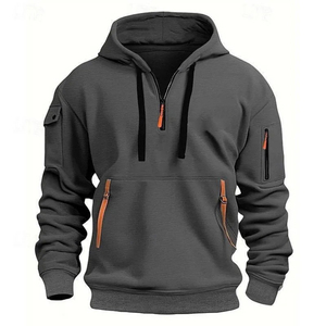 <b>Men's</b> <b>Burgundy</b> Quarter Zip <b>Hoodie</b> Regular Fit Solid Color Casual Knitted Sweatshirt with Pockets Autumn Wear - Product Image 3