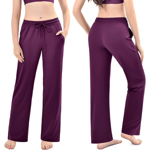 Pantalon pour femme violet à jambes larges, taille élastique avec cordon de serrage, coupe ample, longueur complète, pantalon de jogging décontracté avec poches, couleur unie - Product Image 1
