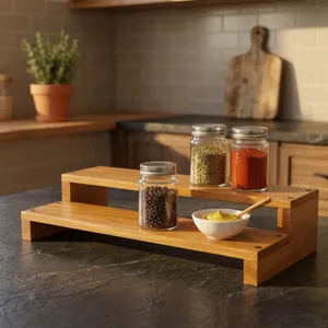 Étagère à épices en bois pour la cuisine, organisateur à 2 niveaux, étagère de rangement en bois rustique pour comptoir, pour les pots à épices, les bouteilles de masala - Product Image 5