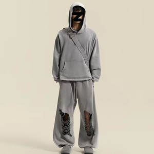 Conjunto de Sudadera y Pantalones Deportivos Holgados de Alta Calidad, Estilo Streetwear, con Efecto Desgastado y Lavado Ácido, para Hombre - Product Image 1