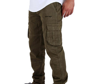 Pantalon cargo droit vert olive pour homme, plusieurs poches, taille élastique, style workwear, matière lin/coton, respirant, poids moyen - Product Image 1