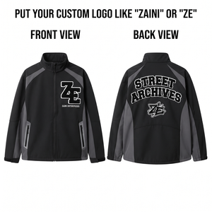 ZAINI 220 กรัมเสื้อแจ็คเก็ตโพลีเอสเตอร์ซอฟท์เชลล์พรีเมียมสีดำสีเทาแผงคอนทราสต์สำหรับผู้ชายฤดูใบไม้ร่วงมีฮู้ดสำหรับใส่กลางแจ้ง - Product Image 1