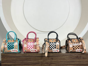 Western Style Floral <b>Tooled</b> Pink & White Checkered <b>Leather</b> Mini Speedy Bag Genuine Cow <b>Leather</b> Card Design Duffle Bag for Women - Product Image 4