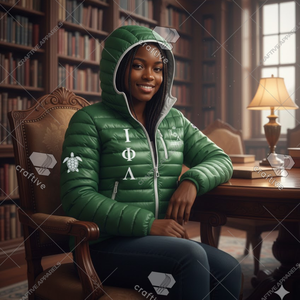 Chaqueta Acolchada con Capucha de la Hermandad Iota Phi Lambda, Lista para Enviar, Chaqueta de Alta Calidad, Chaqueta Universitaria Acolchada para Mujer - Product Image 3