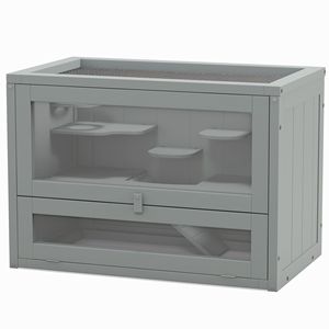 Casetta Moderna Grigia a 2 Livelli per Criceti con Porta Superiore Apribile, Scaffale e Scala per Razze Medie e Grandi - Design Salvaspazio - Product Image 1