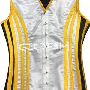 Gilet Corset Homme en Satin Blanc avec Baleines en Acier Personnalisées et Bordure Jaune – Gilet de Mode Amincissant - Product Image 3