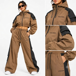 Vocksin <b>Women's</b> Camel Brown Cropped Hooded Windbreaker Tracksuit Waterproof Zipper <b>Jacket</b> Wide Leg Pants Set High Street Style - Product Image 3