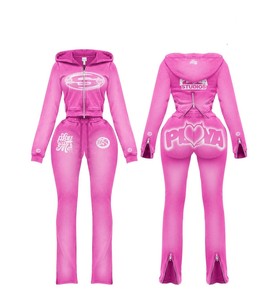 TAHAD OEM Nouvelle Tendance Ensemble Deux Pièces pour Femme : Veste Zippée, Sweat à Capuche Court Rose, Pantalon de Survêtement Uni, Style Vintage Délavé à l'Acide, avec Logo Personnalisé - Product Image 6