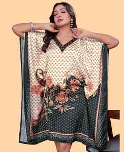 Robe Kaftan Courte pour Femme – Tunique Imprimée Géométrique Bleue et Blanche, Vêtement de Plage de Créateur - Product Image 4