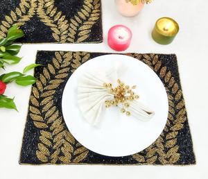 Handmade <b>Beaded</b> Fabric <b>Placemat</b> Rectangle Black Gold Leaf Design Glam Table Mat Decorative Pad - Product Image 2