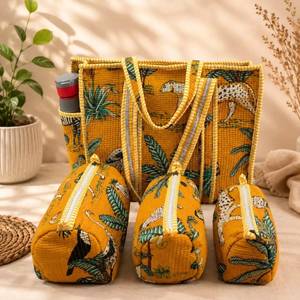 Ensemble de sacs de rangement matelassés en coton et paille, trousses de toilette zippées, organisateur de voyage à poignée souple, motif floral, style bohème - Product Image 1