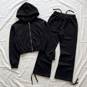 Winter Streetwear High Quality Custom Washed Thick Cropped Tracksuit Double Zip Women's Hoodie Jogger Pants <b>Flared</b> 100% Cotton - Product Image 5
