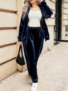 Women Velvet Two Piece Tracksuit Set Solid Color Long Sleeve Jacket And Pants Casual Autumn Outfit For Women - Product Image 6