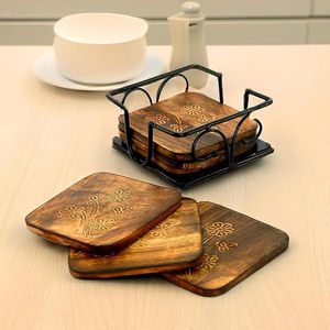 Wooden Coasters <b>Set</b> of 6 with Iron Holder <b>Round</b> Tea Coffee Cup Coaster <b>Set</b> <b>for</b> <b>Dining</b> <b>Table</b> Home Kitchen Office Decor - Product Image 5