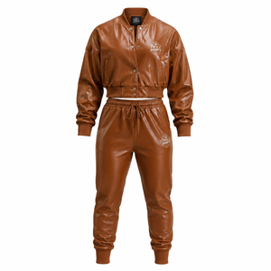 Twill Sports Women Brown PU Leather Tracksuit Full Sleeve Button Up Collar Drawstring <b>Pants</b> Sporty Leather Tracksuit Set - Product Image 1