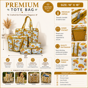 Water Resistant Quilted Cotton Tote <b>Bag</b> Mushroom Print <b>Foldable</b> Design Zipper Closure-Vintage Style Large Capacity for <b>Beach</b> - Product Image 4