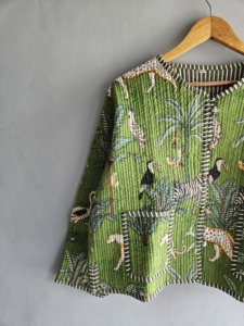 Green <b>Animal</b> Print Quilted Jacket With Batwing Sleeves And Patch Pockets Bohemian Style Summer Outerwear gift <b>for</b> her - Product Image 2