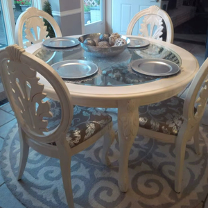 Luxury Handcrafted <b>White</b> Pearl 4 Seater <b>Round</b> Dining <b>Table</b> Set Ornate Carved Chairs Glass Top - Product Image 1