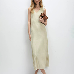 Linen Cotton <b>Tight</b> Waist Slim Fit V-Neck Sleeveless Knitted A-<b>Line</b> Maxi Eco-Friendly Breathable Boutique Solid Color Elegant - Product Image 6