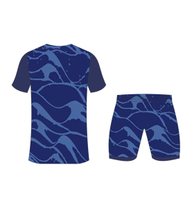 Custom Sublimated Plus Size Adult Soccer Uniform Set for <b>Men</b> with Navy Blue and Light Blue Wavy <b>Pattern</b> Jersey Matching <b>Shorts</b> - Product Image 5
