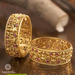 24K Gold Plated Lakshmi Nakshi Kada Bangles with Jade Pearl & Brass - Product Image 1