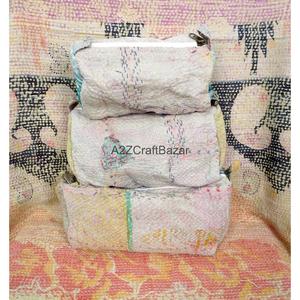 Ensemble de pochettes Kantha artisanales personnalisées, décontractées, faites à la main, matelassées, imprimées à l'écran, avec fermeture éclair à pompons, écologiques, pour cosmétiques - Product Image 2