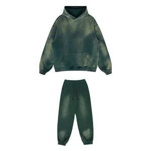 Conjunto de Sudadera Negra con Capucha y Pantalones Jogger Acampanados con Efecto Desgastado, Estilo Vintage, Dos Piezas, Ropa Deportiva Urbana para Hombre - Product Image 6