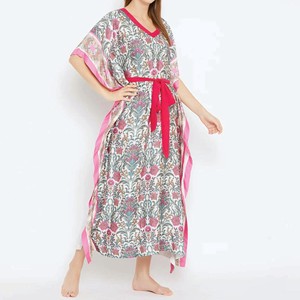 Women Floral Print Chiffon <b>Kaftan</b> Dress V-Neck Cap Sleeve Floor-Length Modest Evening Gown With Pink Ribbon Trim - Product Image 4
